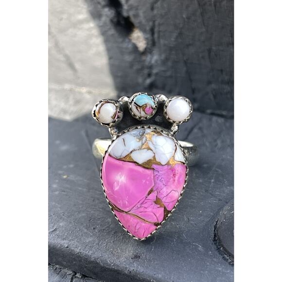 STERLING SILVER NATIVE SW COTTON CANDY TURQUOISE CLUSTER RING .925 Adjusts 7-9 - Picture 2 of 12